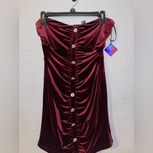 Burgundy, velvet, strapless mini dress